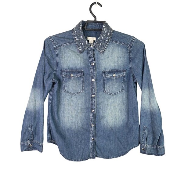 Womens Chicos Rhinestone Embellished Collar Denim Shirt Button Up Cotton Size 0 - Picture 1 of 8